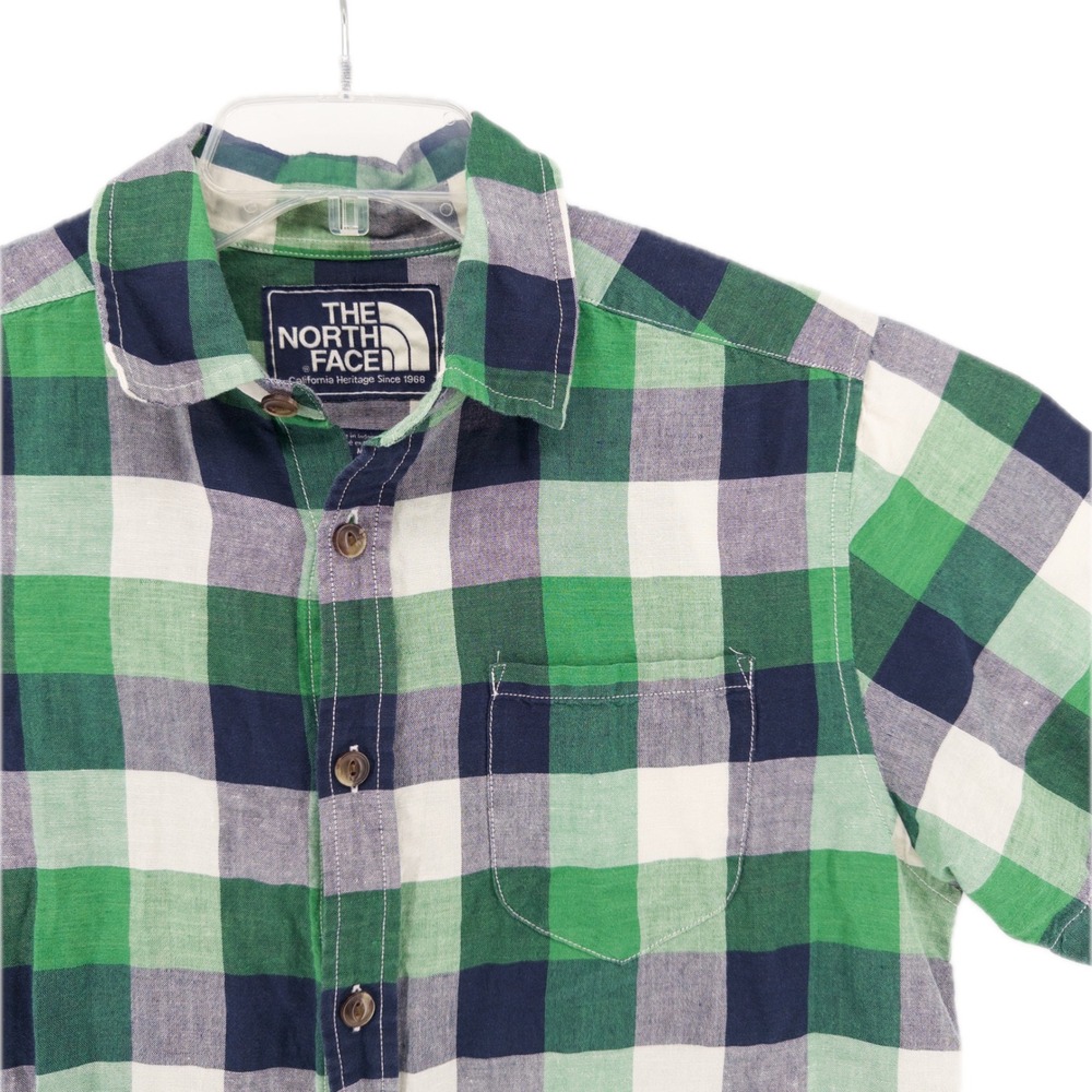 The North Face Mens Medium Linen Blend Button Down Shirt Green Plaid Gorpcore